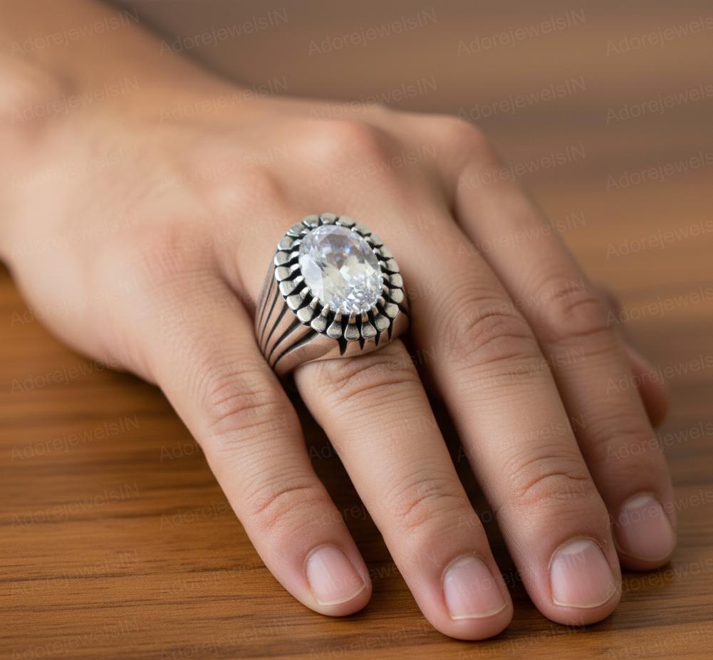 White Topaz Ottoman Signet Ring, Solid Sterling Silver Mens Ring