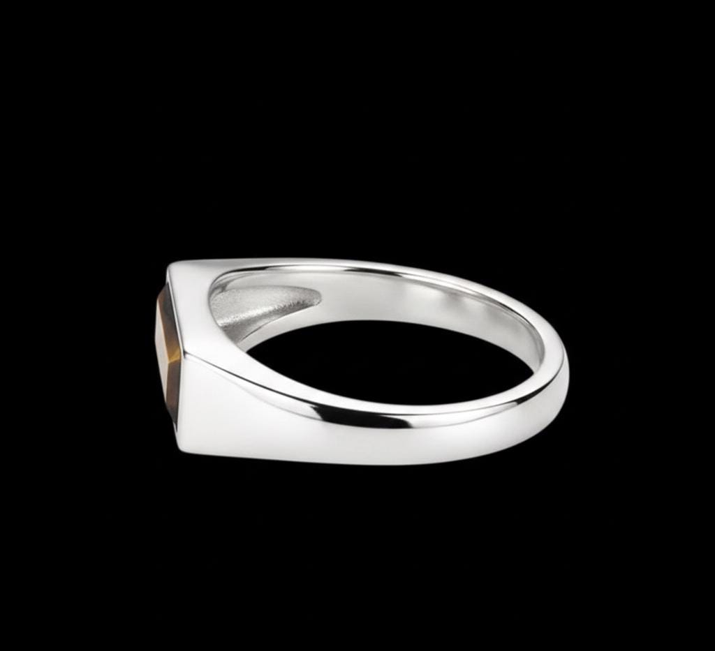 Sterling Silver Signet Ring, Natural Tiger Eye, Stackable Band