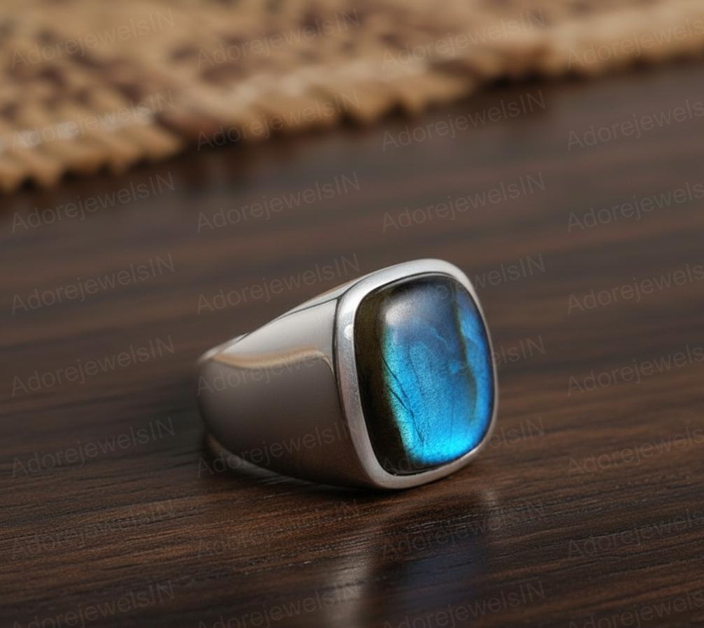 Mens Sterling Silver Labradorite Ring, Greek Design, Oval 12x16mm