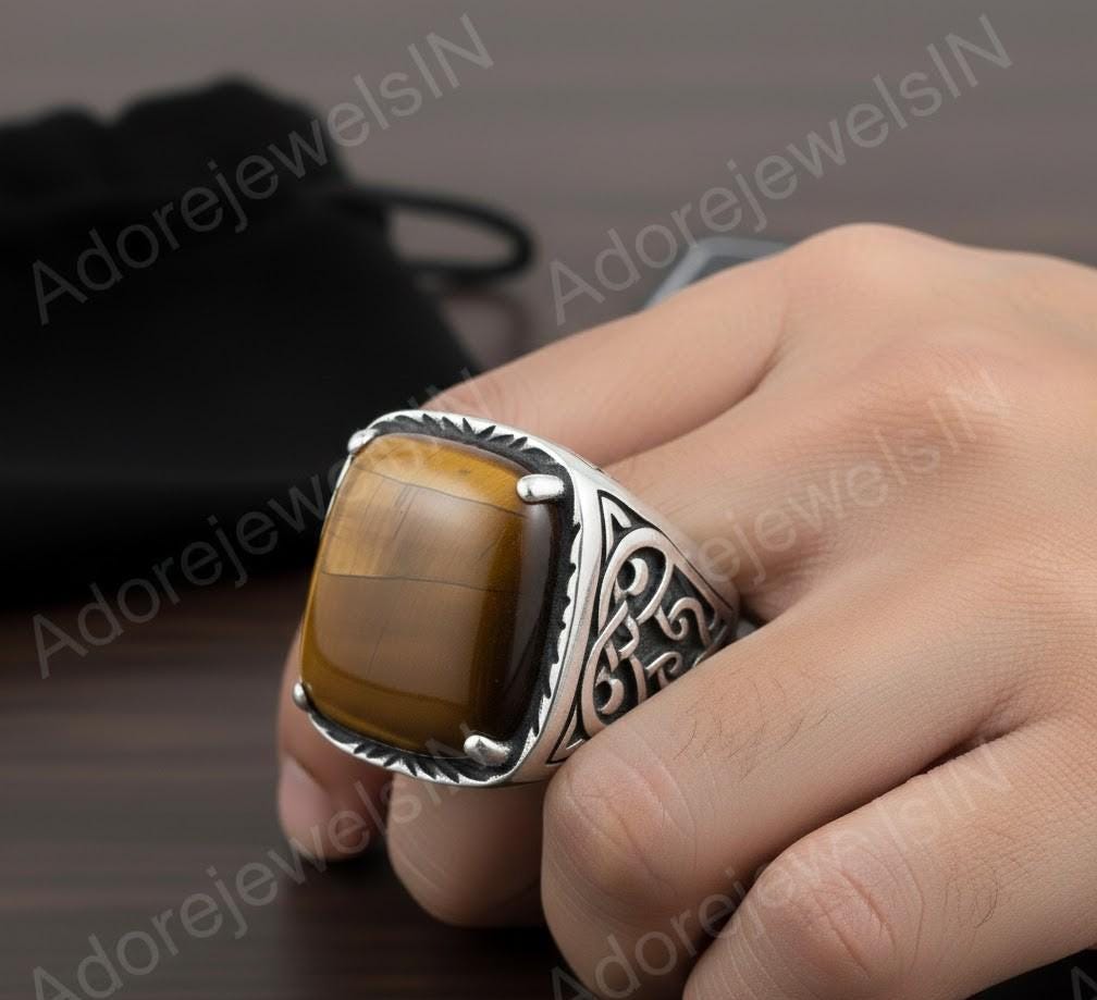Tiger Eye Octagon Sterling Silver Signet Ring, Turkish Mens Ring