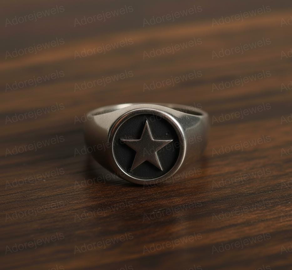 Sterling Silver Star Signet Ring, Black Rhodium Band