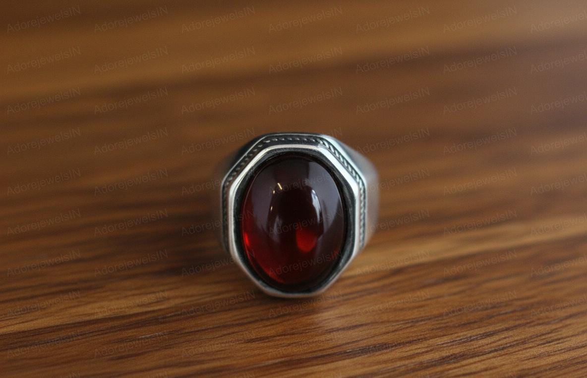 Garnet Sterling Silver Mens Signet Ring, Oval Cabochon (12x16mm)
