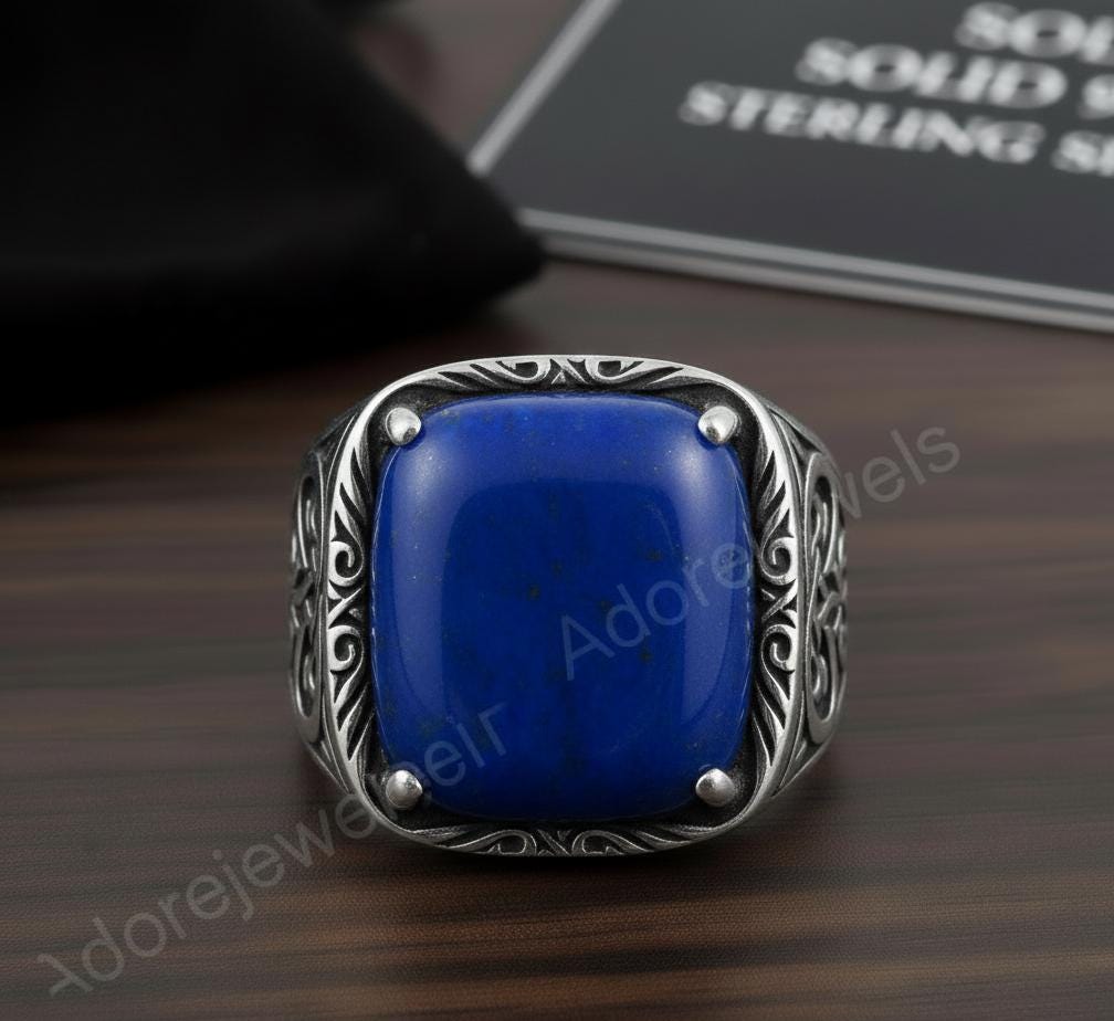 Afghani Lapis Lazuli Octagon Sterling Silver Signet Ring, Turkish Mens Ring