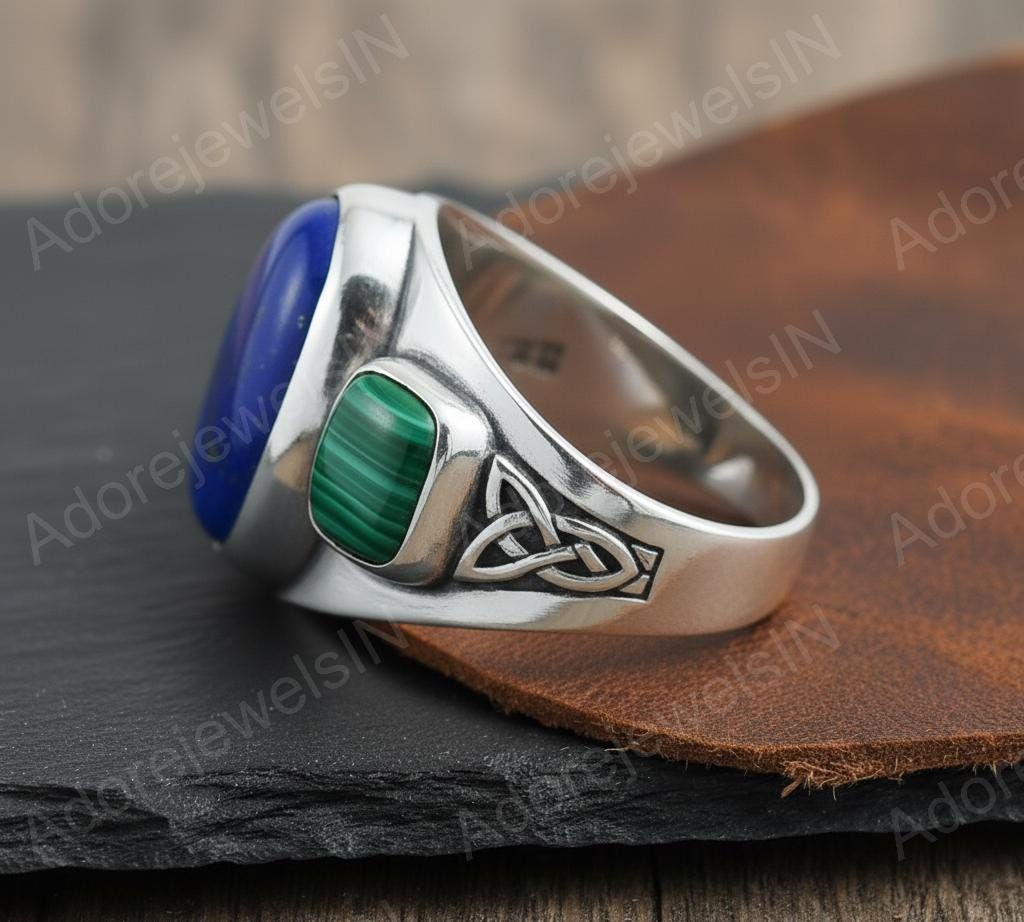 Lapis Lazuli & Malachite Signet Ring, Solid Sterling Silver