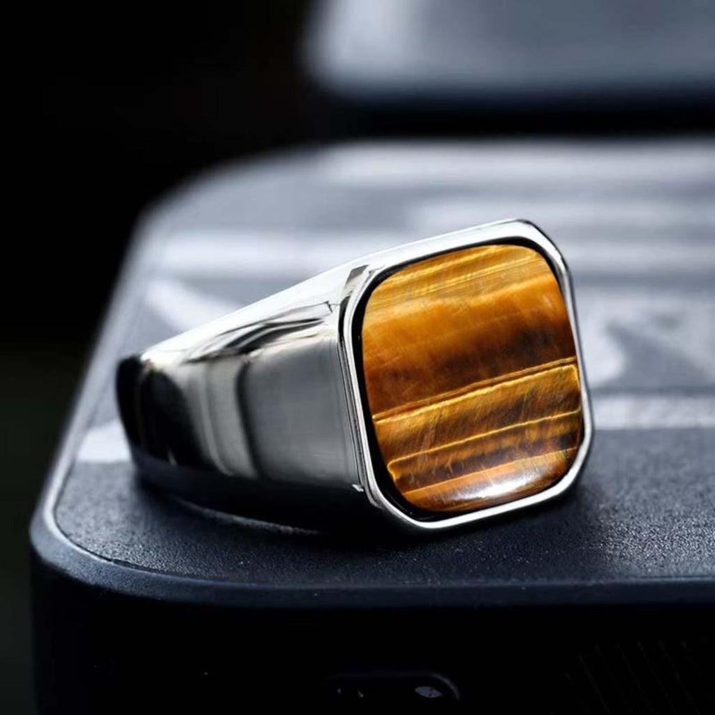 Sterling Silver Signet Ring, Natural Yellow Tiger Eye, Mens Heavy Ring