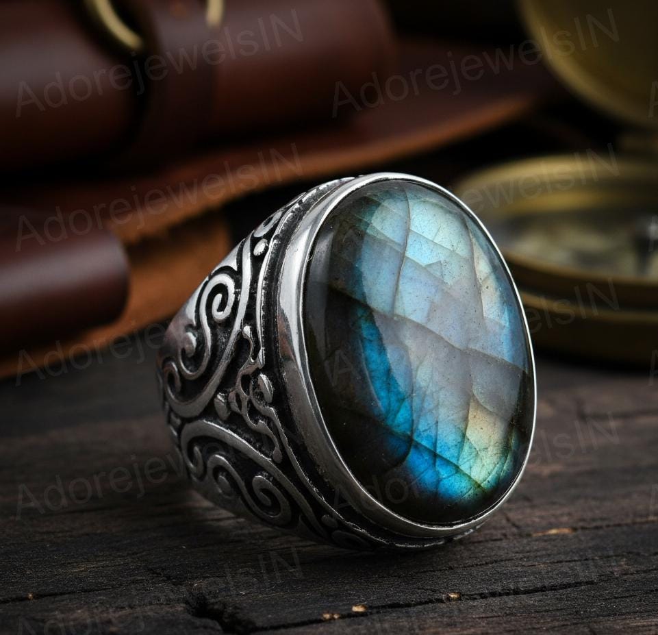Mens Floral Sterling Silver Ring, Oval Labradorite (12x16mm)