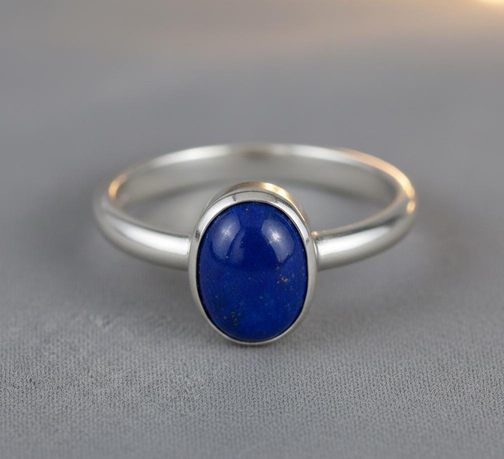 Oval Lapis Lazuli Ring, Solid Sterling Silver, Minimalist Jewelry