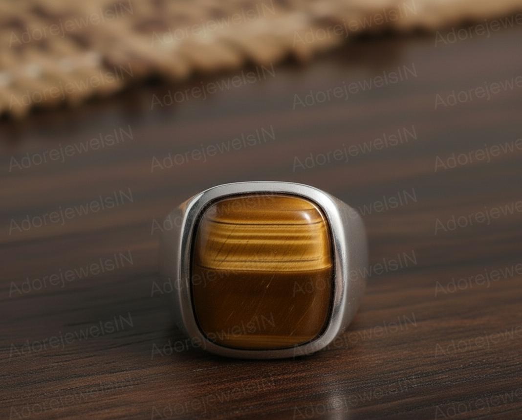 Mens Sterling Silver Brown Tiger eye Ring, Greek Design, Oval 12x16mm