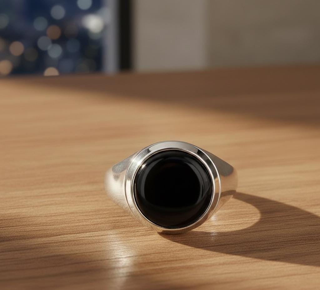 Vintage Black Onyx Sterling Silver Ring, Round Bezel Setting