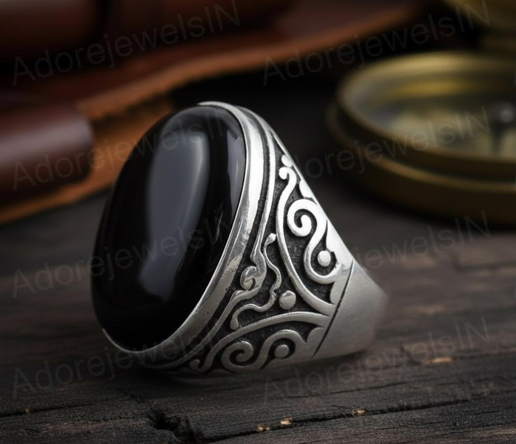 Mens Floral Sterling Silver Ring, Black Onyx (12x16mm)