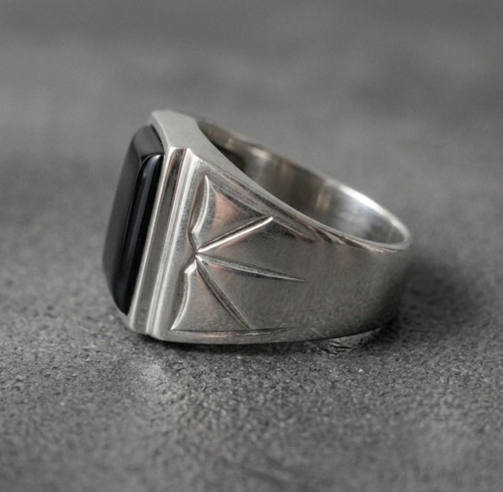 Handmade Black Onyx Men's Ring - Greek Sterling Silver Signet Ring for Men - Gift for Him - Rectangular Statement Ring