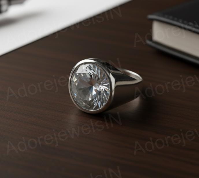 Sterling Silver Moissanite Signet Ring, Mens Heavy Band
