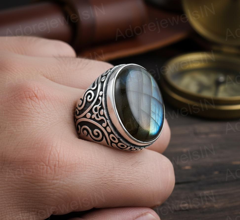 Mens Floral Sterling Silver Ring, Oval Labradorite (12x16mm)