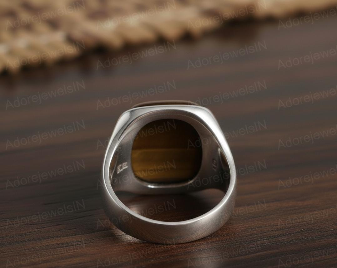 Mens Sterling Silver Brown Tiger eye Ring, Greek Design, Oval 12x16mm