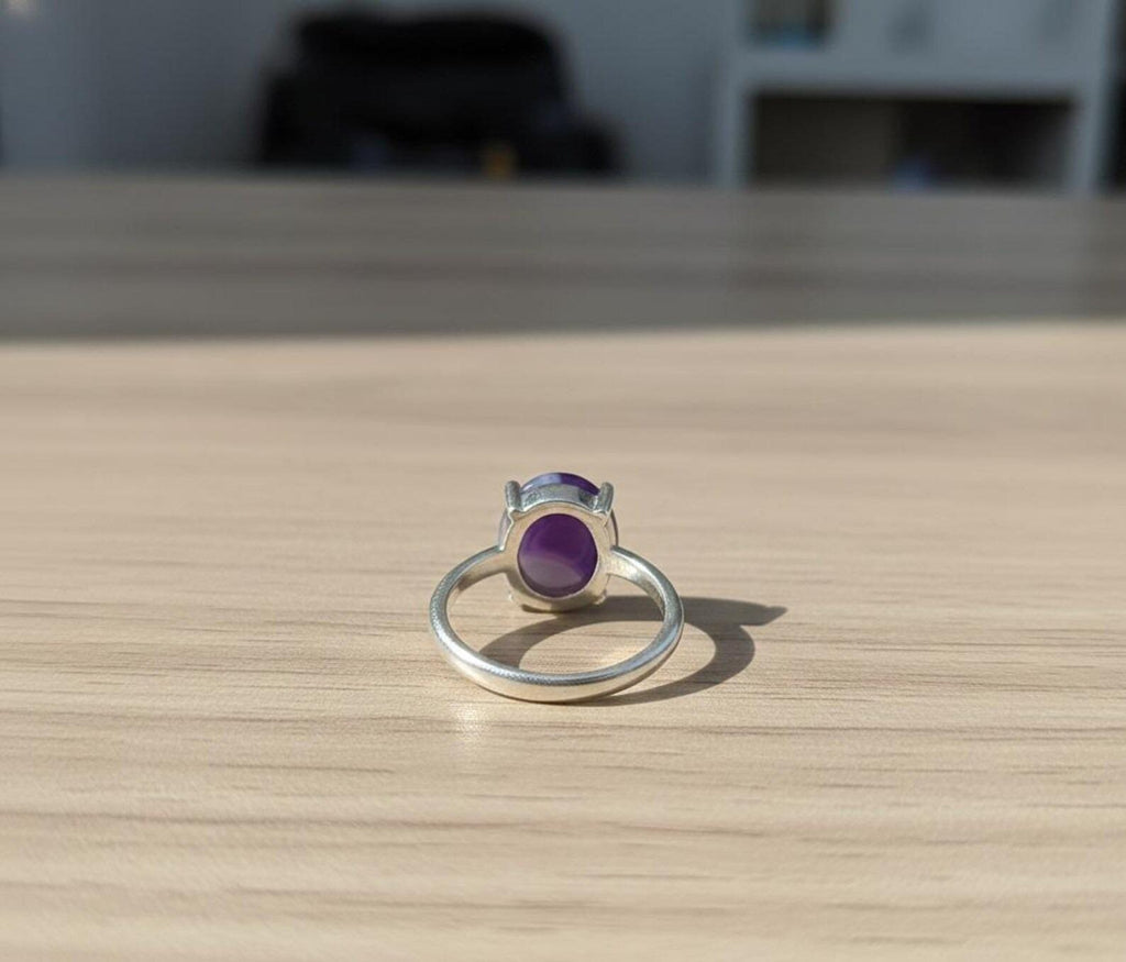 Purple Slice Agate Ring, Oval Cabochon, Sterling Silver (13x15mm)