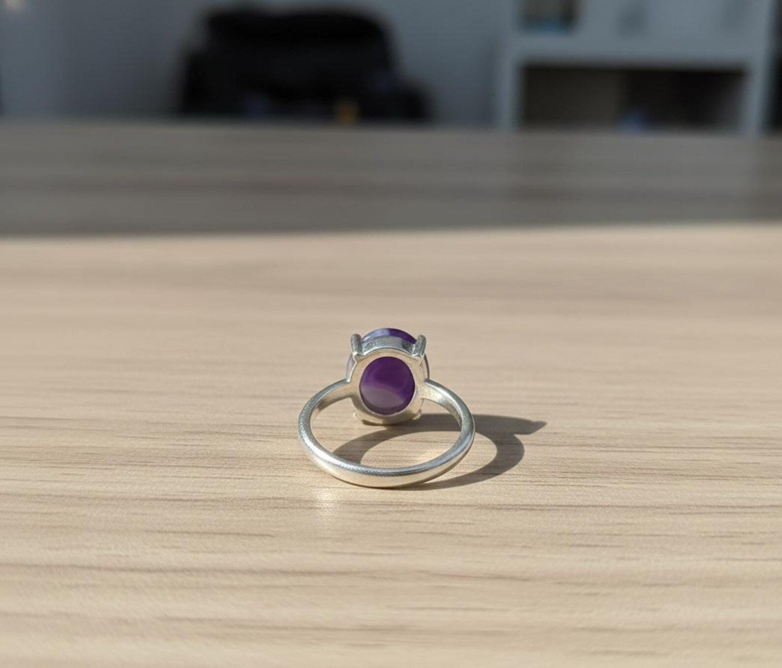 Purple Slice Agate Ring, Oval Cabochon, Sterling Silver (13x15mm)