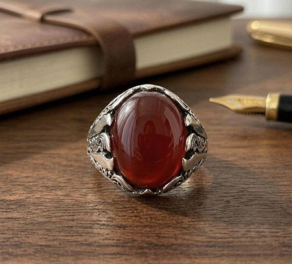Large Red Garnet Men's Ring | Ornate Sterling Silver Signet Ring