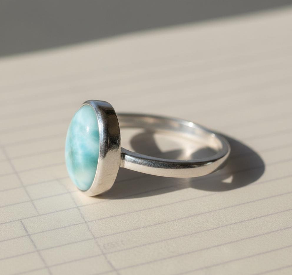Oval Caribbean Larimar Sterling Silver Ring, Gemstone Jewelry