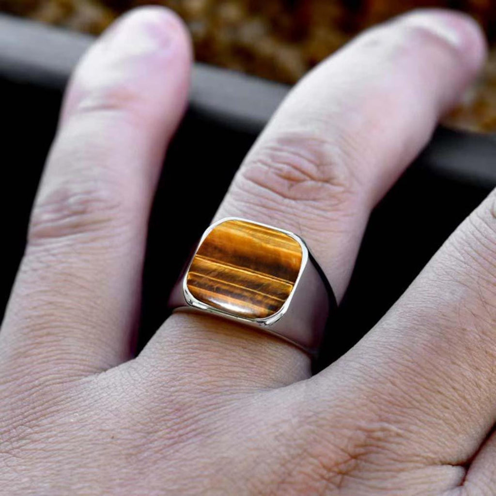 Sterling Silver Signet Ring, Natural Yellow Tiger Eye, Mens Heavy Ring