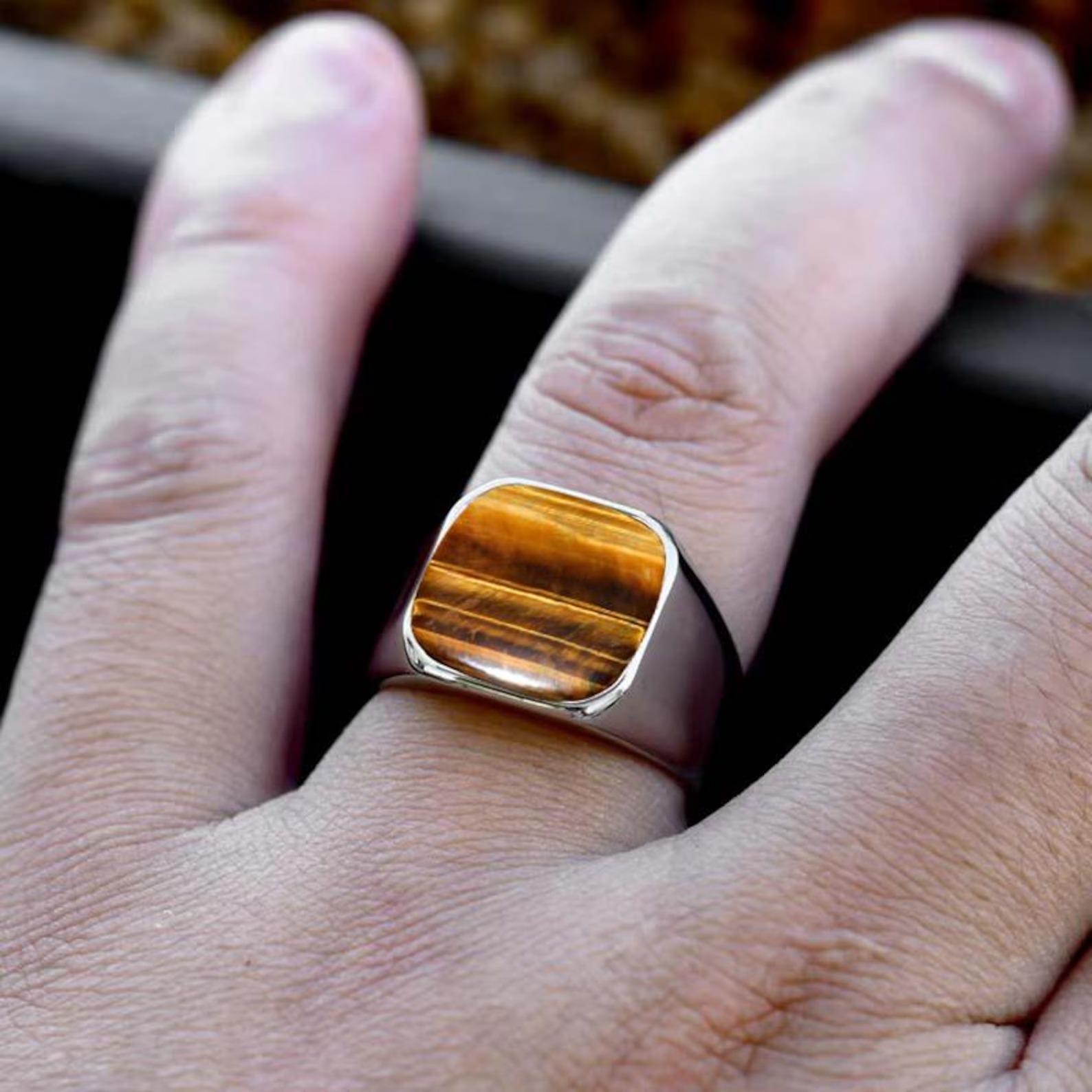 Sterling Silver Signet Ring, Natural Yellow Tiger Eye, Mens Heavy Ring
