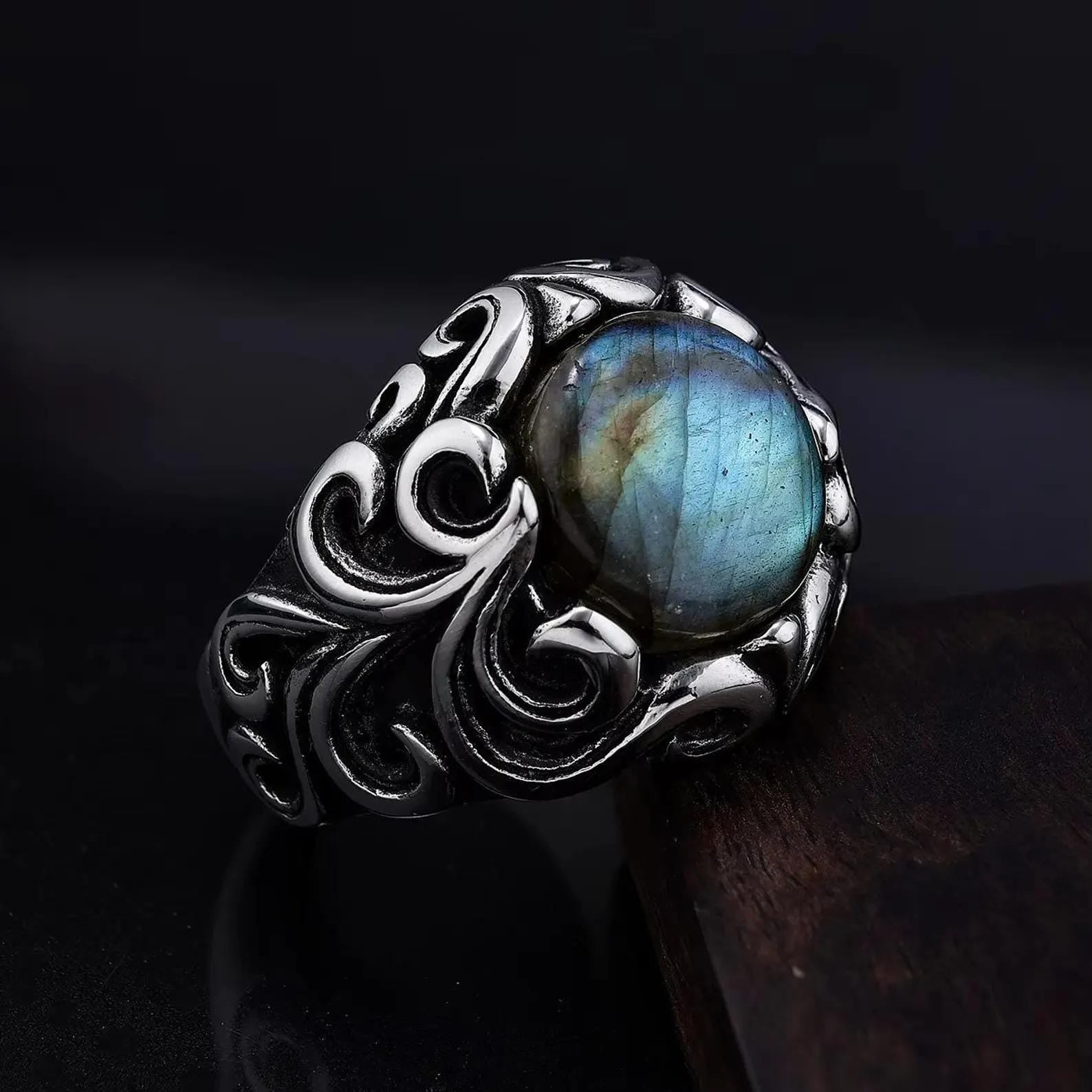 Floral Sterling Silver Labradorite Signet Ring, Mens Heavy Ring (12mm)