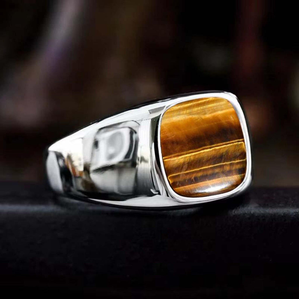 Sterling Silver Signet Ring, Natural Yellow Tiger Eye, Mens Heavy Ring