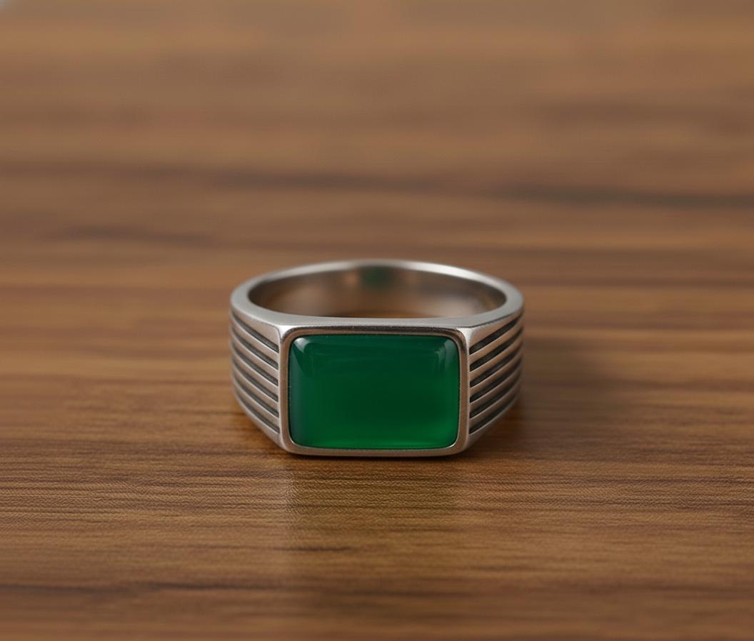 Oxidized Sterling Silver Signet Ring, Green Onyx, Vintage Style