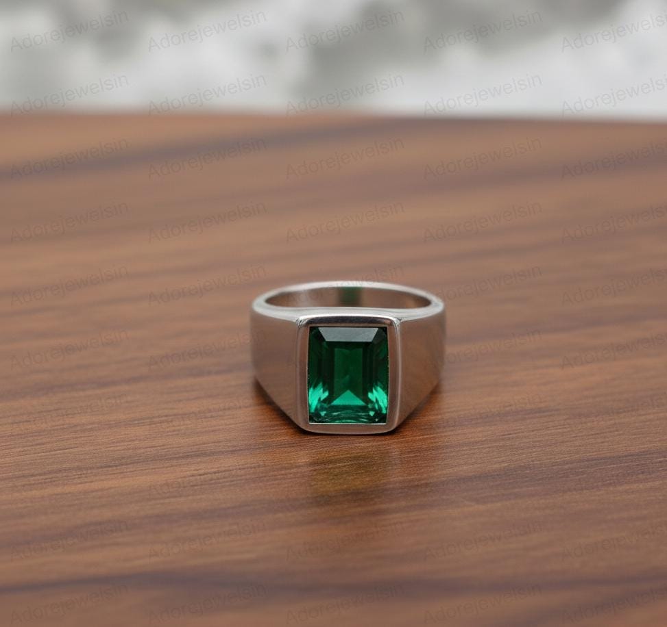 Sterling Silver Green Tourmaline Signet Ring, Emerald Cut