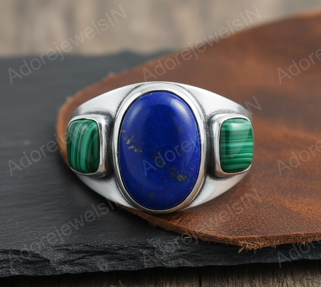 Lapis Lazuli & Malachite Signet Ring, Solid Sterling Silver