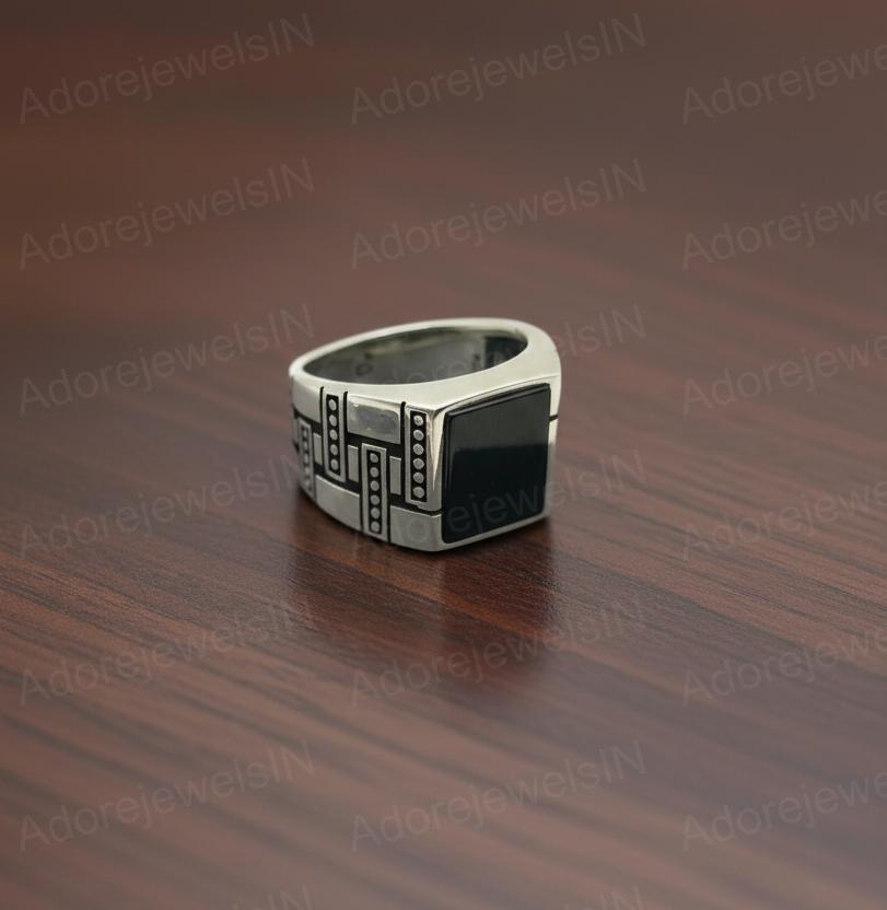 Mens Black Onyx Ring, Solid Sterling Silver, Square Stone