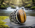 Oxidized Sterling Silver Signet Ring, Natural Tiger Eye, Floral Band