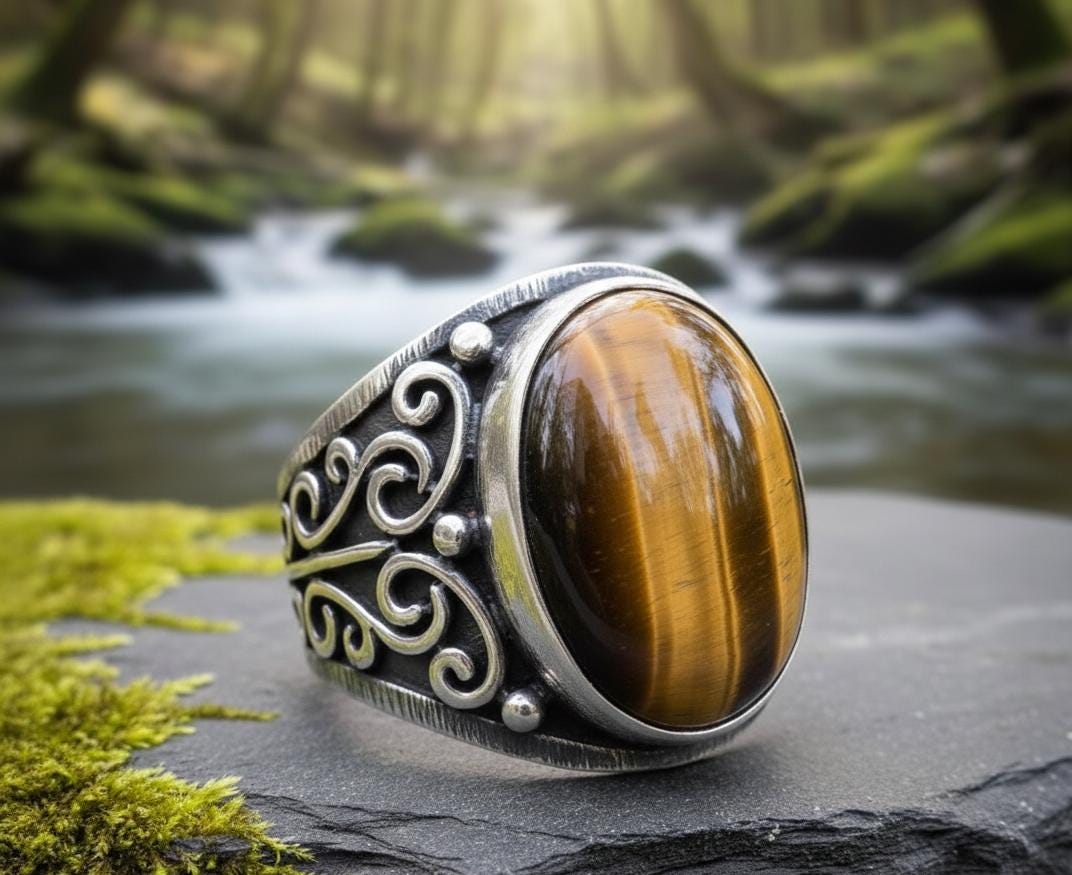Oxidized Sterling Silver Signet Ring, Natural Tiger Eye, Floral Band