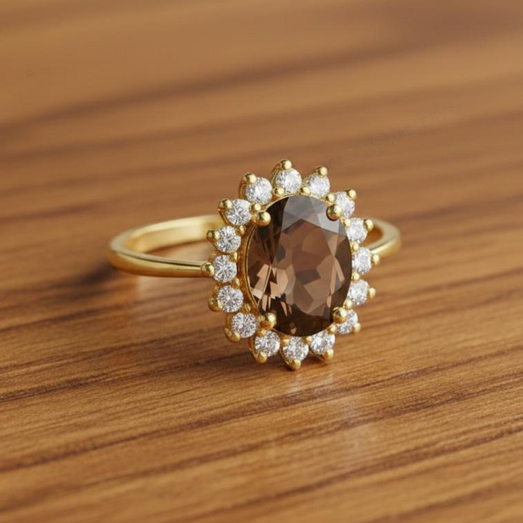 Natural Smoky Quartz Oval Ring, 925 sterling silver, Prong Setting (8x10mm)
