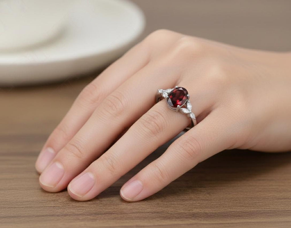 Oval Garnet Ring, Solid 925 Sterling Silver, Valentine's Gift
