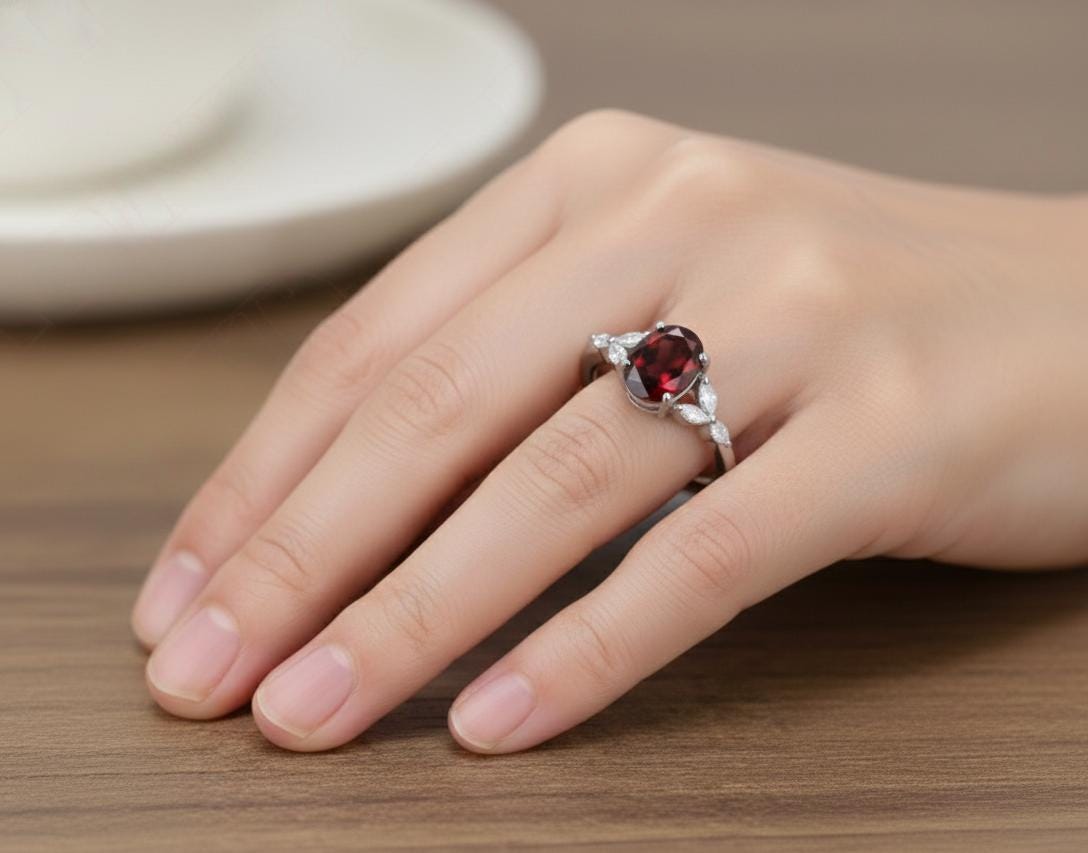 Oval Garnet Ring, Solid 925 Sterling Silver, Valentine's Gift