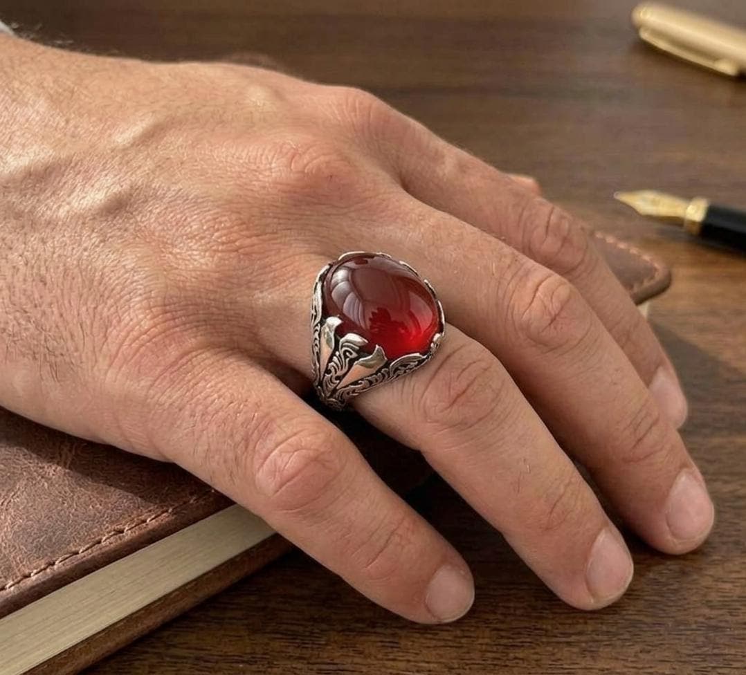 Large Red Garnet Men's Ring | Ornate Sterling Silver Signet Ring