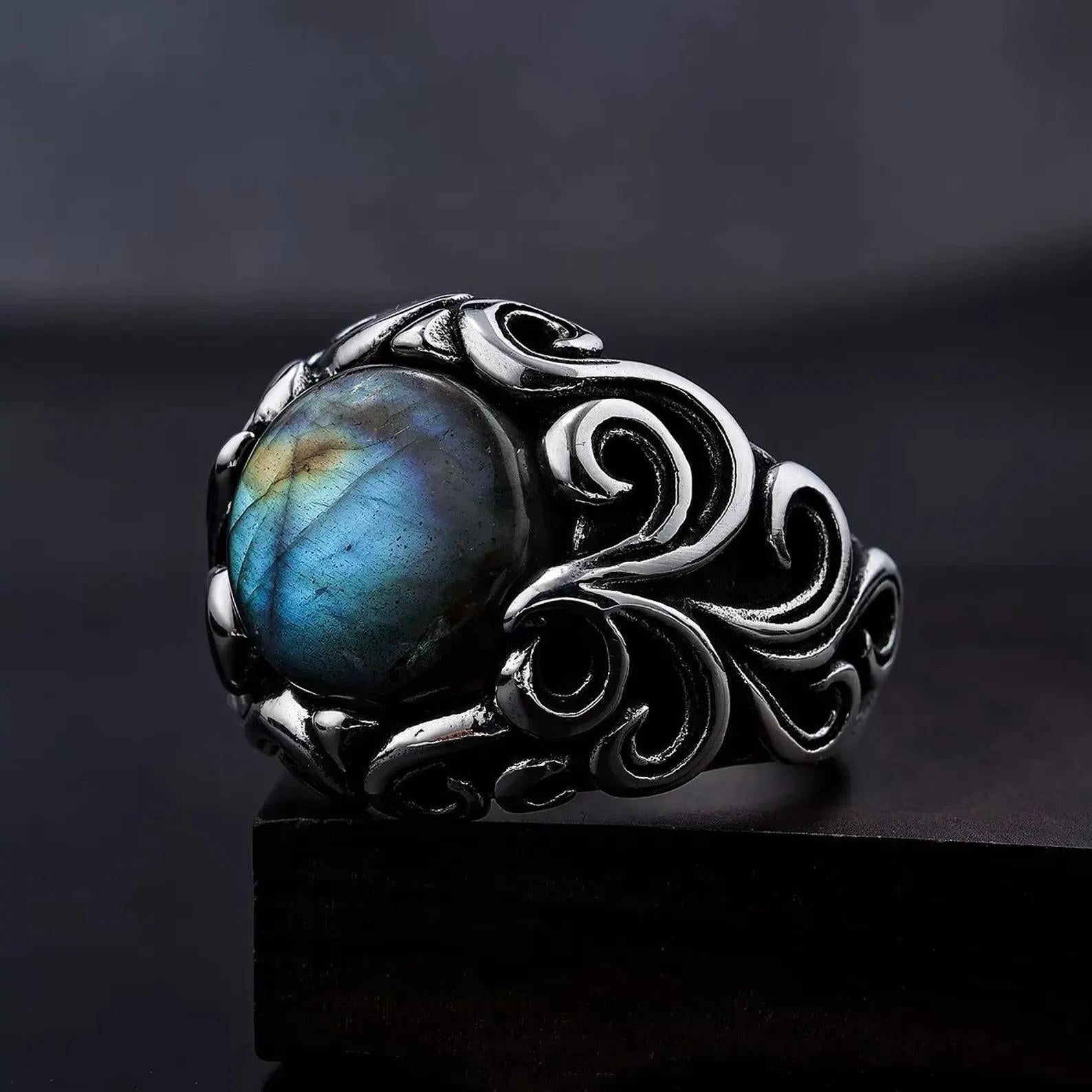 Floral Sterling Silver Labradorite Signet Ring, Mens Heavy Ring (12mm)