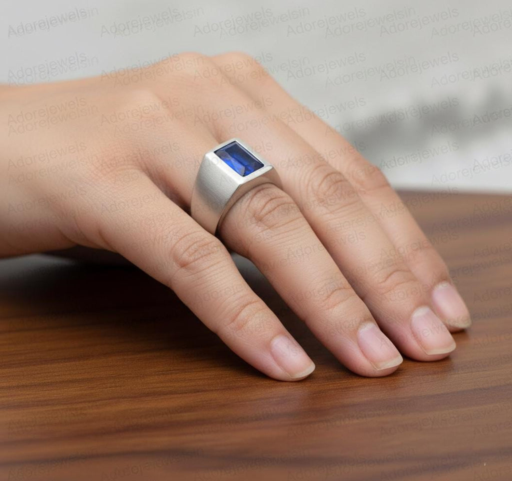 Sterling Silver Signet Ring, Blue Sapphire Hydro, Mens Ottoman Style