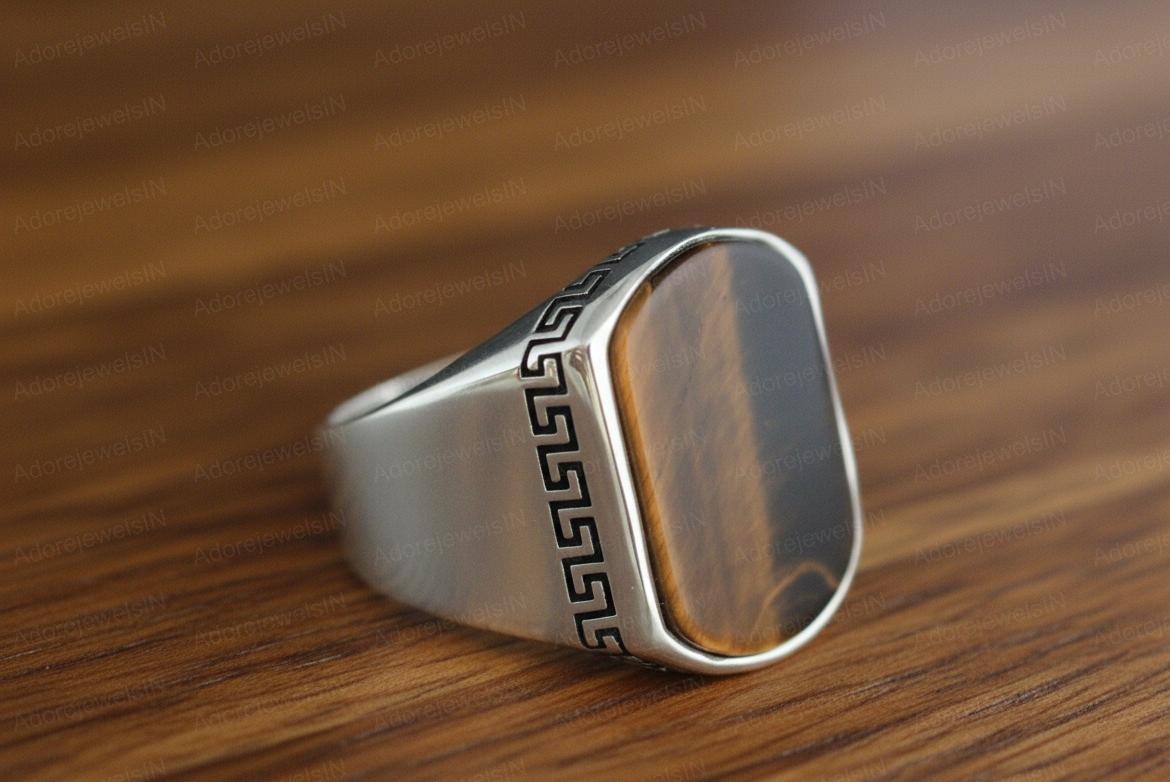 Yellow Tiger Eye Sterling Silver Signet Ring, Greek Ottoman Style