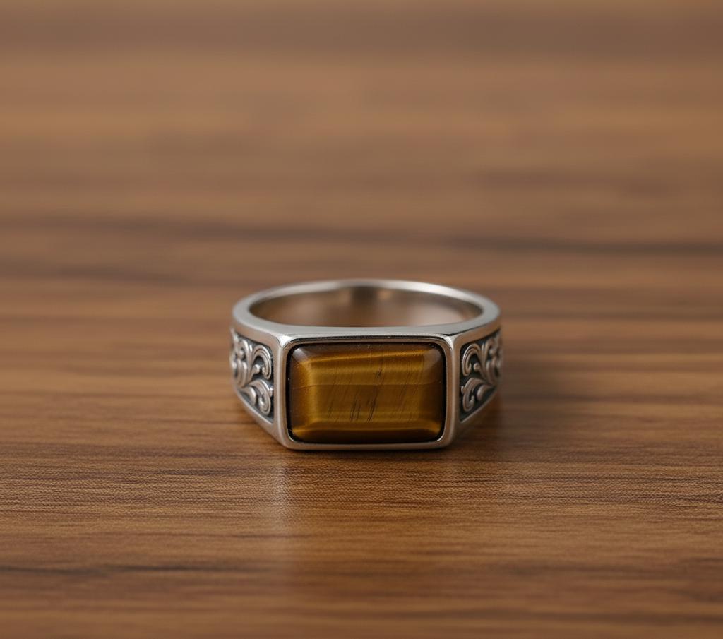 Sterling Silver Signet Ring, Yellow Tiger Eye Cabochon, Mens Ring