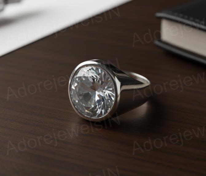 Sterling Silver Moissanite Signet Ring, Mens Heavy Band