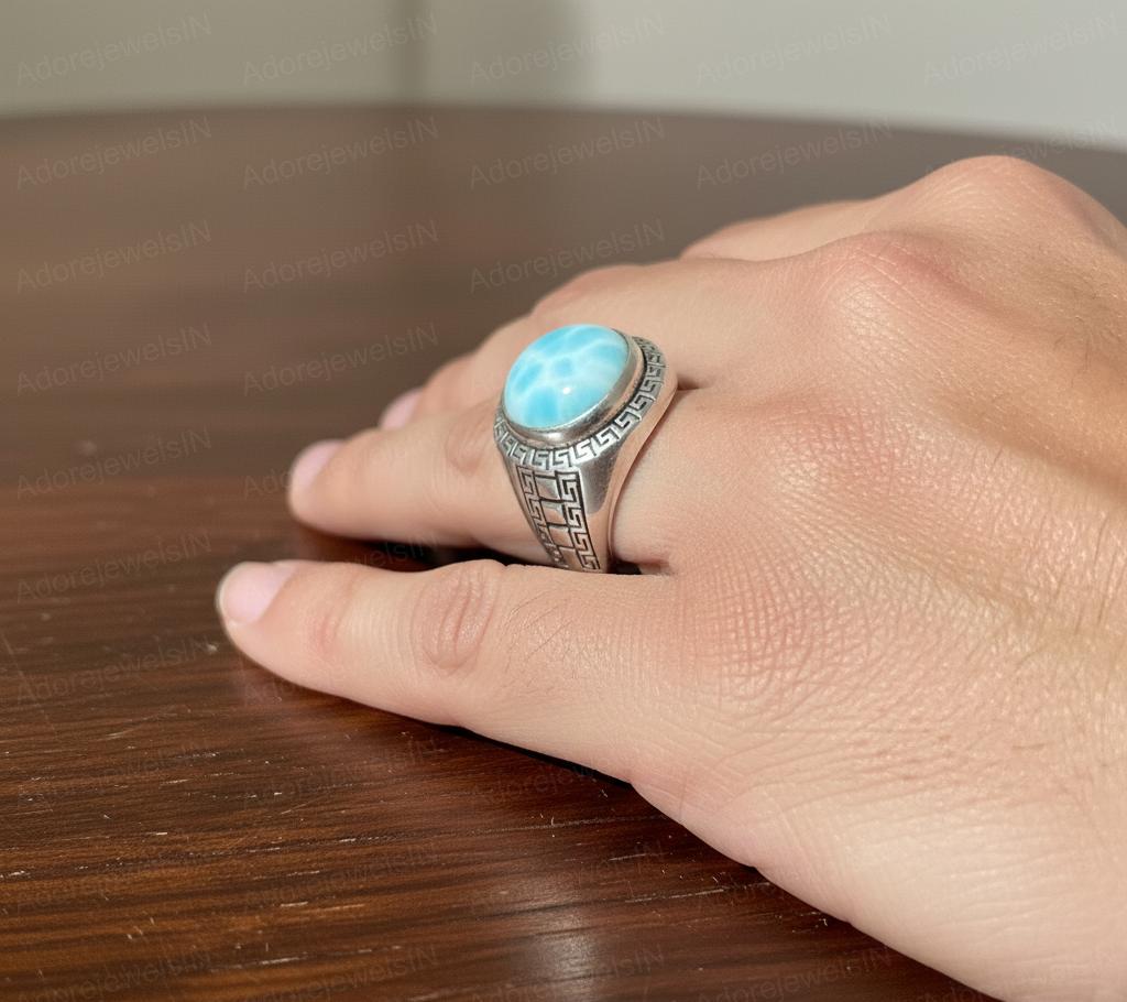Vintage Texture Sterling Silver Larimar Ring (12x16mm)