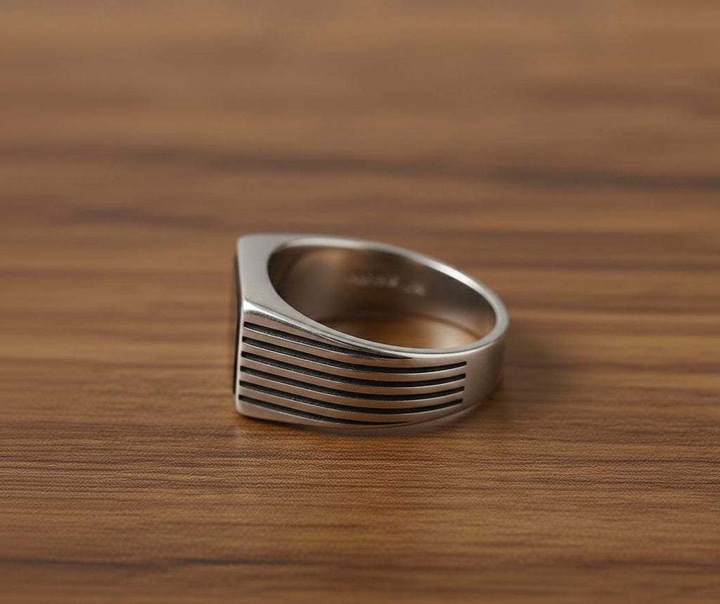 Oxidized Sterling Silver Signet Ring, Black Onyx, Mens Vintage Style