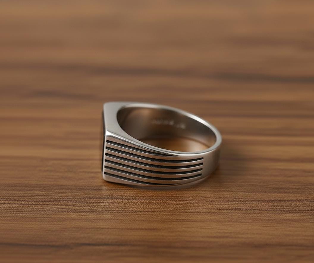 Oxidized Sterling Silver Signet Ring, Black Onyx, Mens Vintage Style