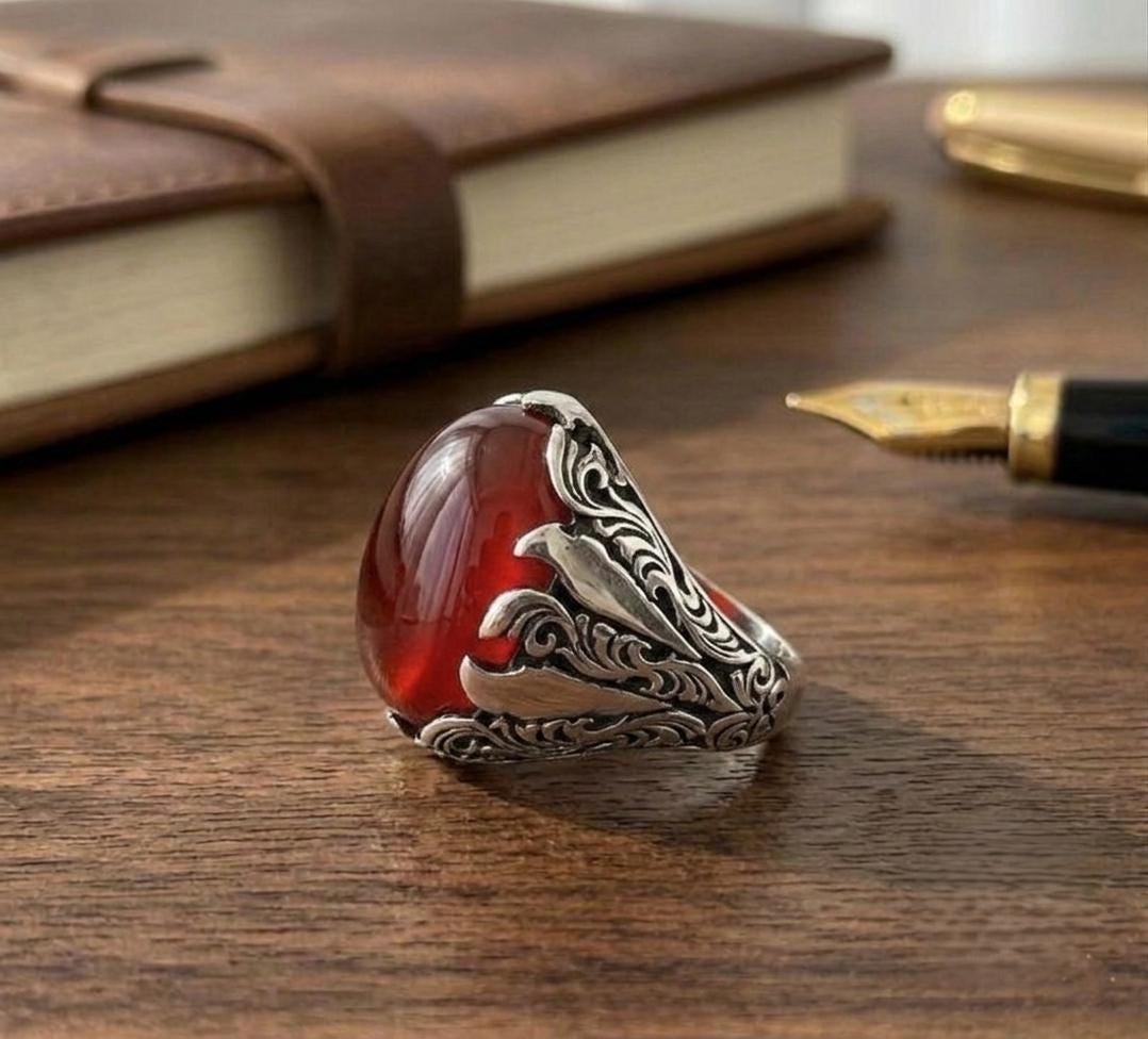 Large Red Garnet Men's Ring | Ornate Sterling Silver Signet Ring