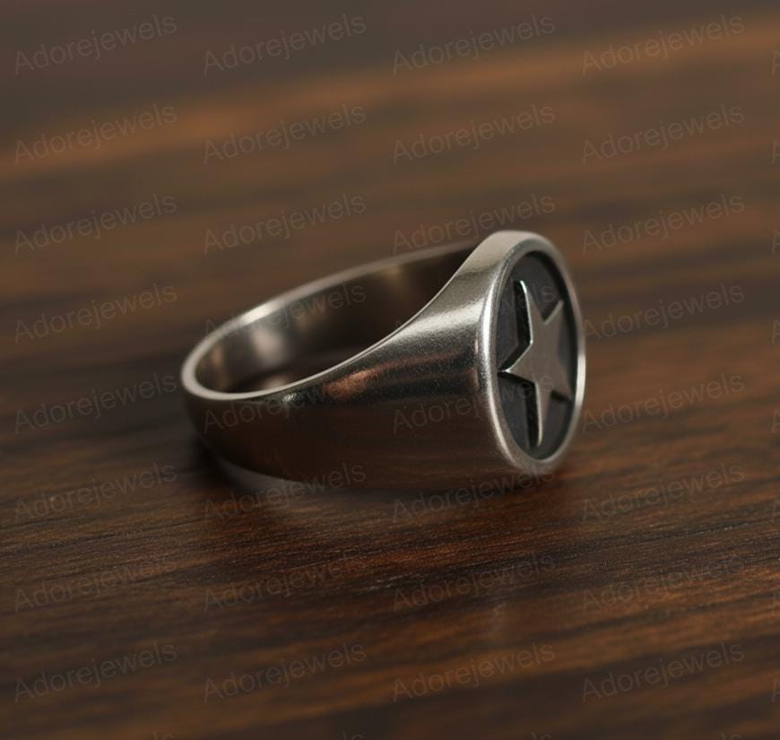 Sterling Silver Star Signet Ring, Black Rhodium Band