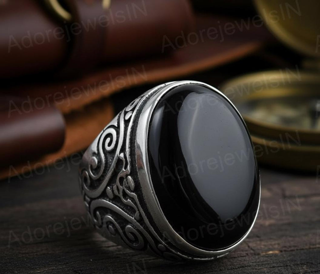 Mens Floral Sterling Silver Ring, Black Onyx (12x16mm)