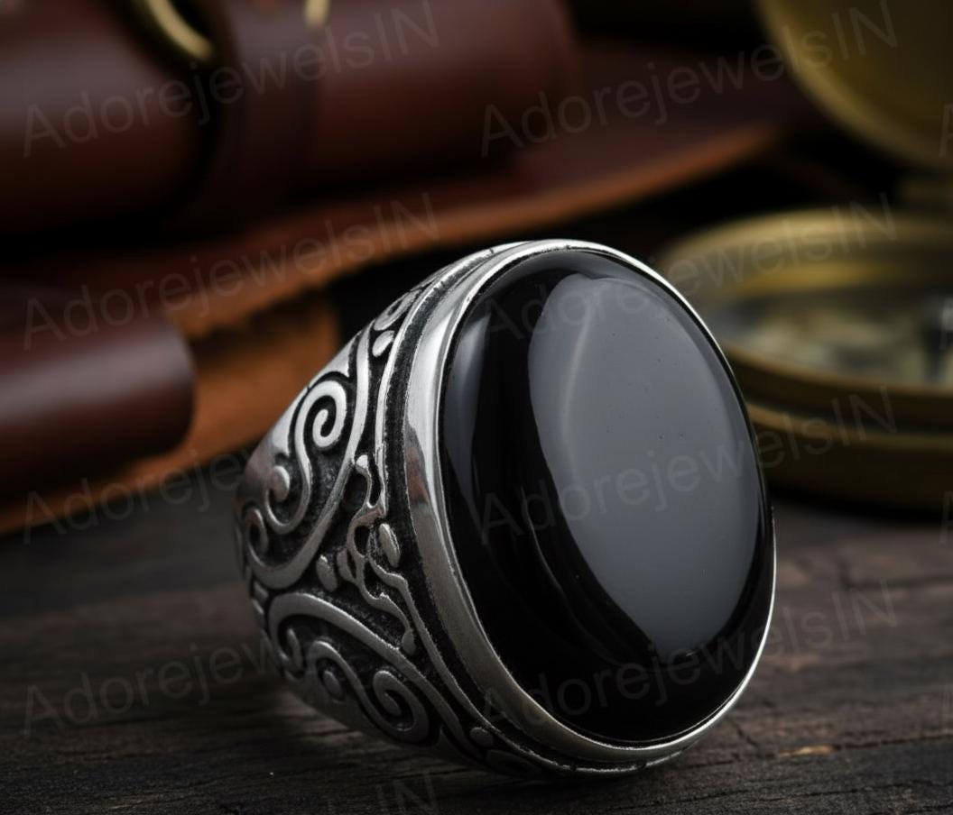 Mens Floral Sterling Silver Ring, Black Onyx (12x16mm)