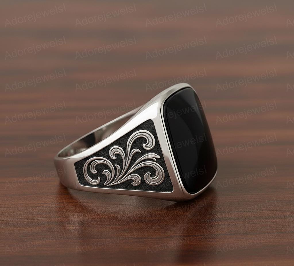 Black Onyx Cushion Signet Ring, Floral Sterling Silver