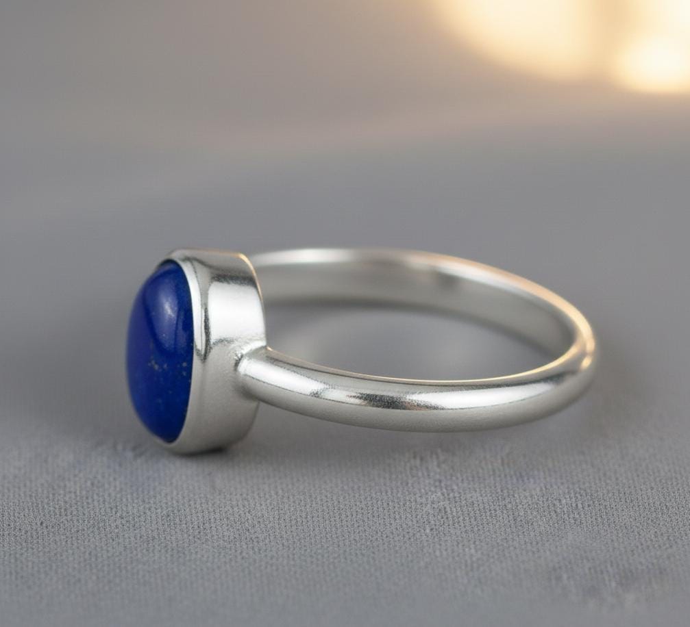 Oval Lapis Lazuli Ring, Solid Sterling Silver, Minimalist Jewelry